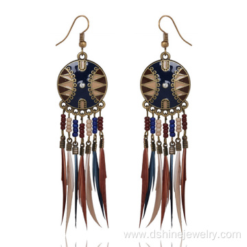 Wholesale Beaded Style Beach Gilded Hoop Feather Earrings